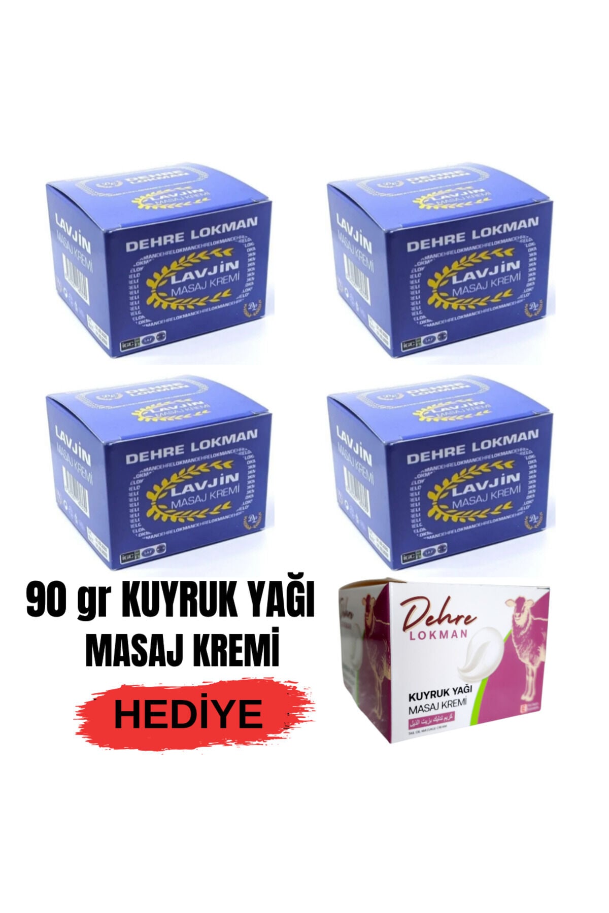 Lavjin Masaj Kremi 70 gr X 4 Ad. + 90 gr Kuyruk Yağı Masaj Kremi Hediye | Diz, Bel, Sırt, Boyun, Kas ve Eklem Bakım Seti