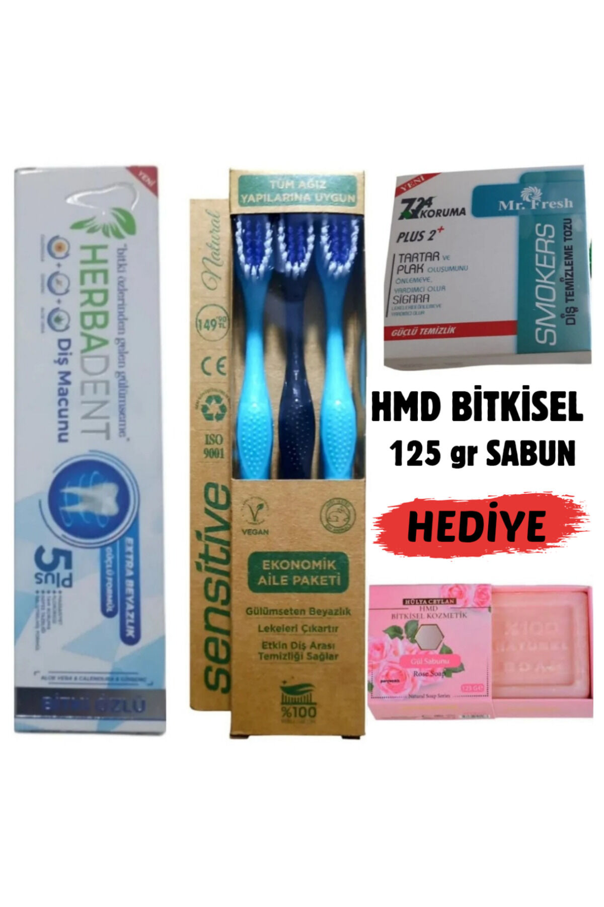 Doğal Ağız ve Diş Bakım Seti | Bitki Özlü Diş Macunu, Arındırıcı Diş Temizleme Tozu, Ergonomik Diş Fırçası hmd sabun hediye  Kişisel Bakım Seti (4'lü Özel Kombinasyon)