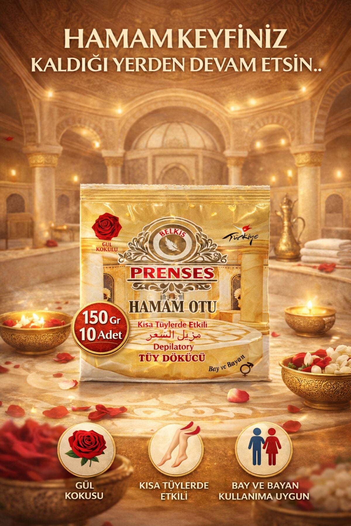 Gül Kokulu Tüy Dökücü Toz Hamam Otu 150 gr x 10 Adet | Pratik, Etkili ve Gül Kokulu Doğal Tüy Dökücü Bakım
