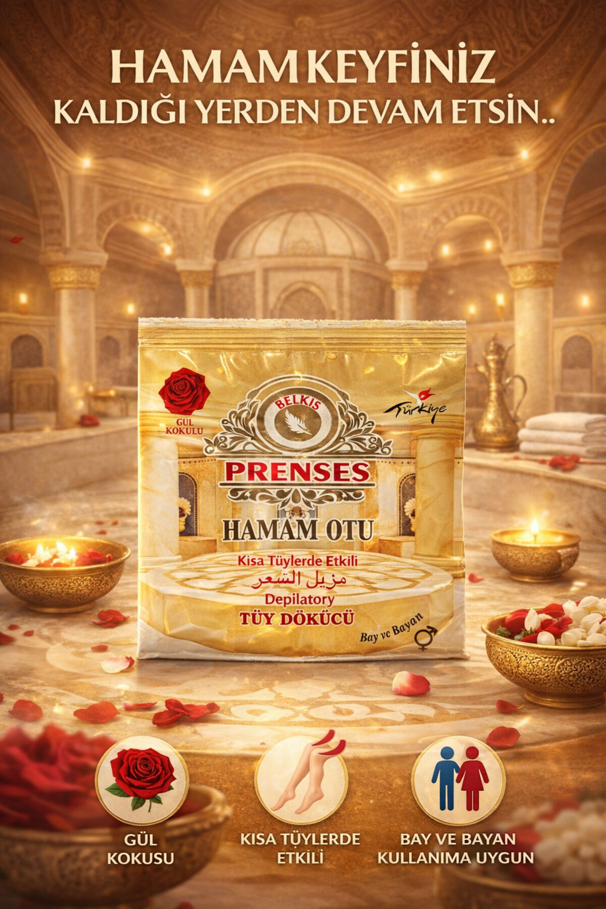 Gül Kokulu Tüy Dökücü Toz 150 gr | Geleneksel Hamam Otu İçeren, Pratik ve Hızlı Etkili Pürüzsüzleştirici Tüy Dökücü Bakım Tozu