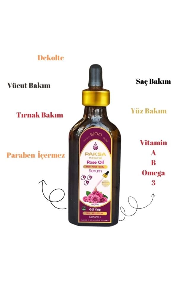 Gül Yağı Saç, Yüz ve Vücut Serumu 100 ml | Bitkisel Çok Amaçlı Bakım Serumu, Nemlendirici ve Cilt Tonunu Dengeleyici Besleyici Bakım Yağı