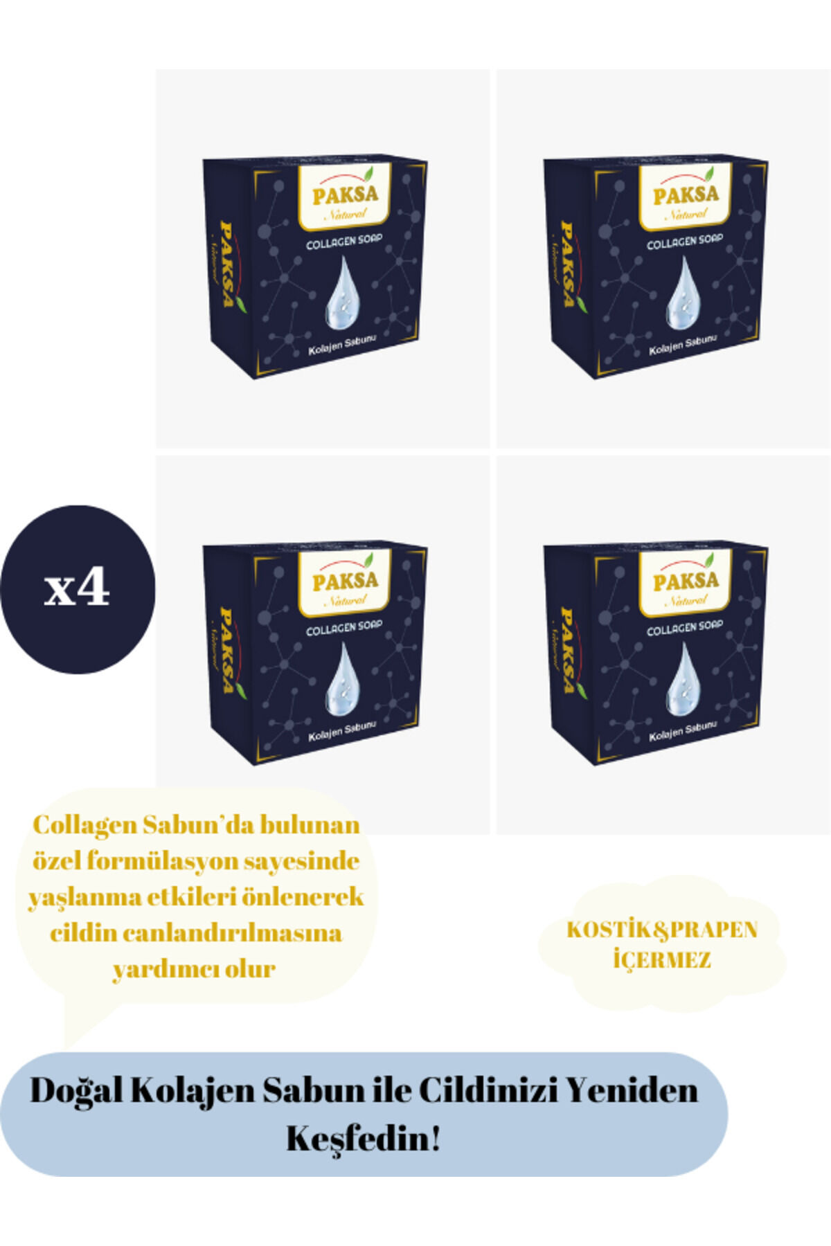 Doğal Anti-aging Kolajen Sabunu Yaşlanma Karşıtı 4 x 125 gr | Doğal Bitkisel Sabun, Sıkılaştırıcı, Kolajen Destekli ve Yaşlanma Karşıtı Çoklu Cilt Bakım Sabunu Paketi