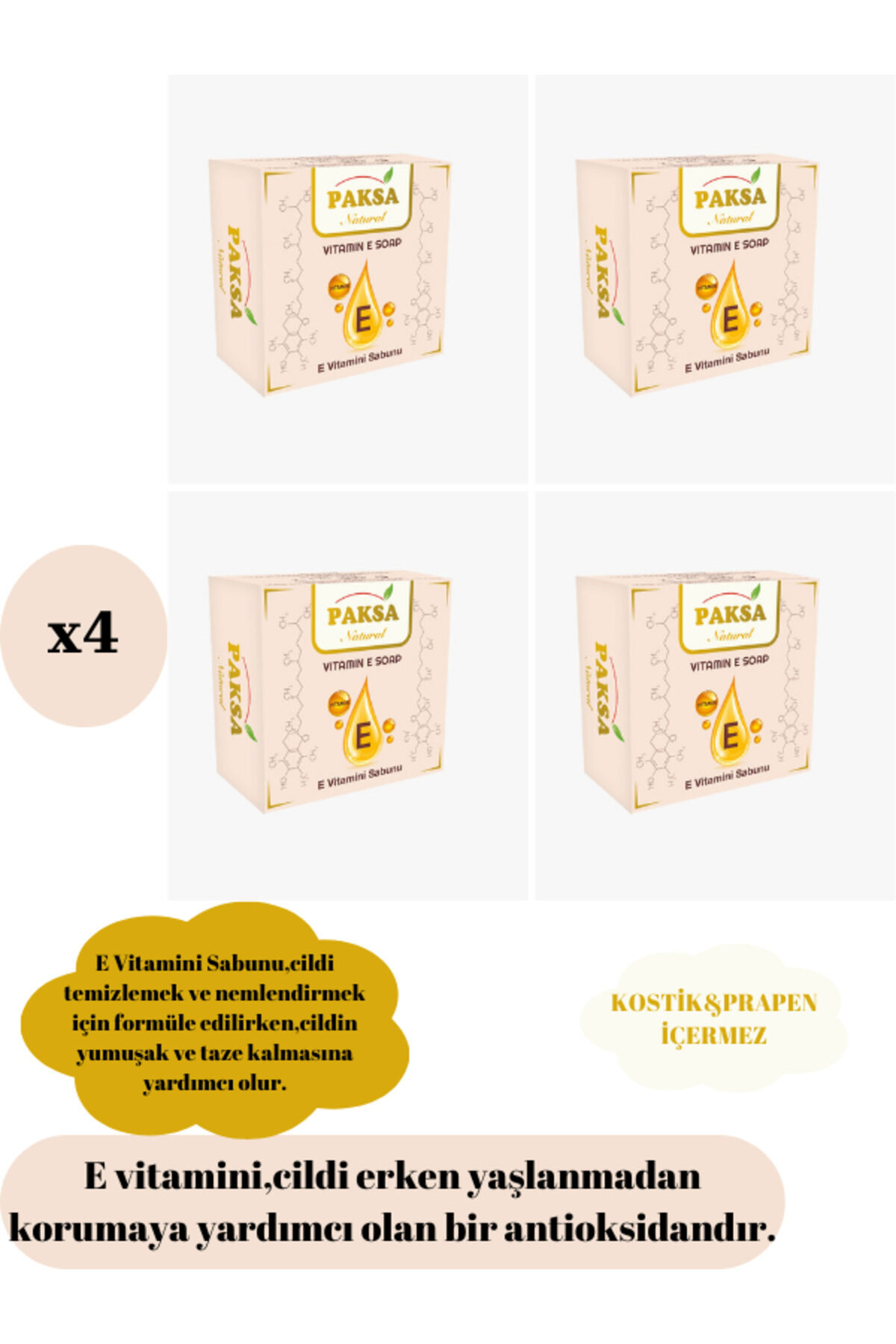 E Vitaminli Sabun 4 x 125 gr | Doğal Bitkisel Sabun, Yoğun Nemlendirici, Antioksidan Etkili ve Besleyici Çoklu Cilt Bakım Sabunu Paketi