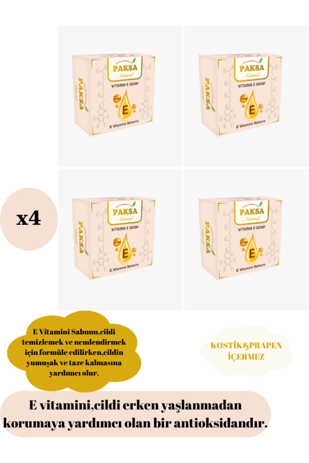 E Vitaminli Sabun 4 x 125 gr | Doğal Bitkisel Sabun, Yoğun Nemlendirici, Antioksidan Etkili ve Besleyici Çoklu Cilt Bakım Sabunu Paketi