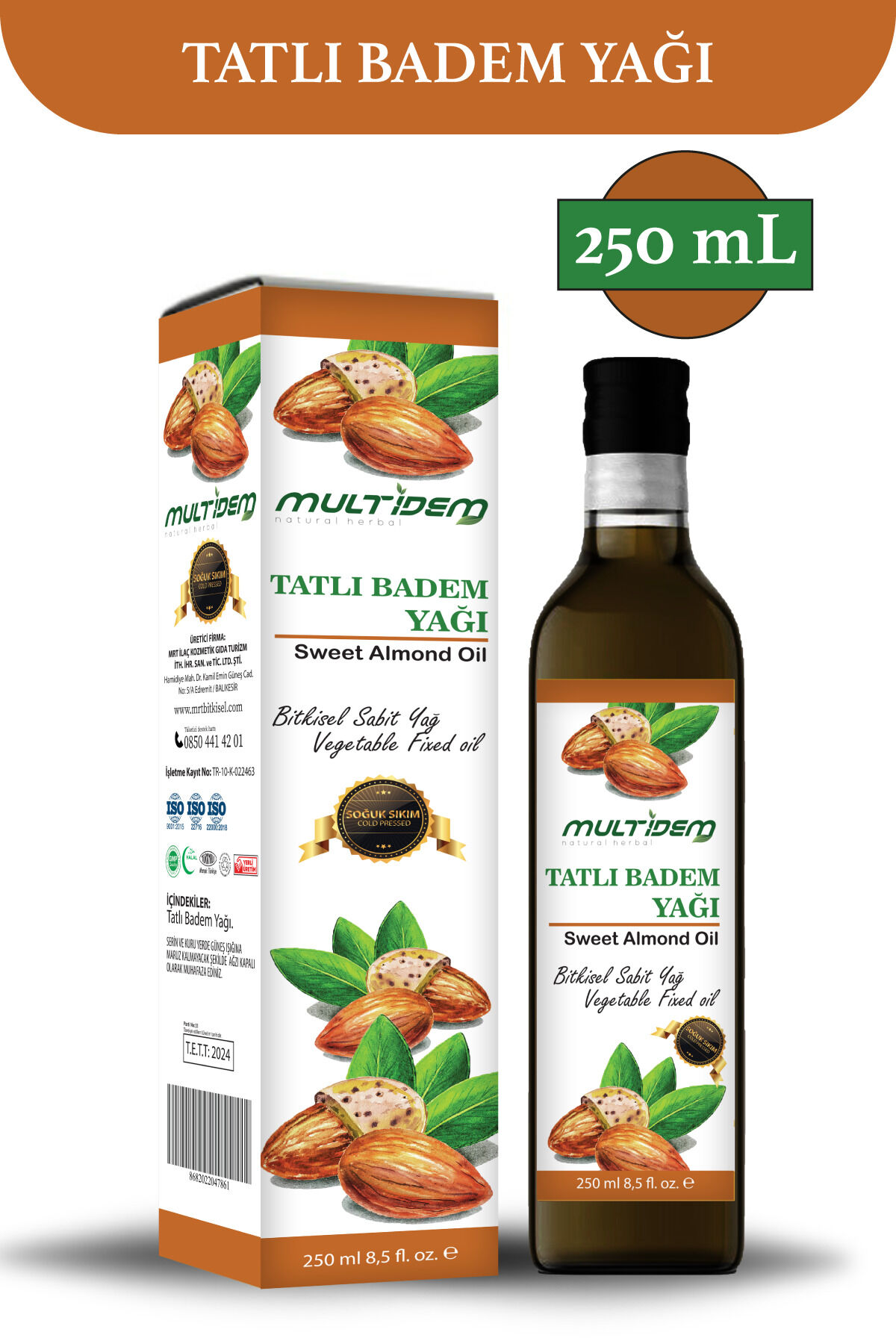 Tatlı Badem Yağı 250 mL | Bitkisel Bakım ve Gıda Amaçlı Kullanıma Uygun, Yoğun Besleyici ve Nemlendirici Yağ