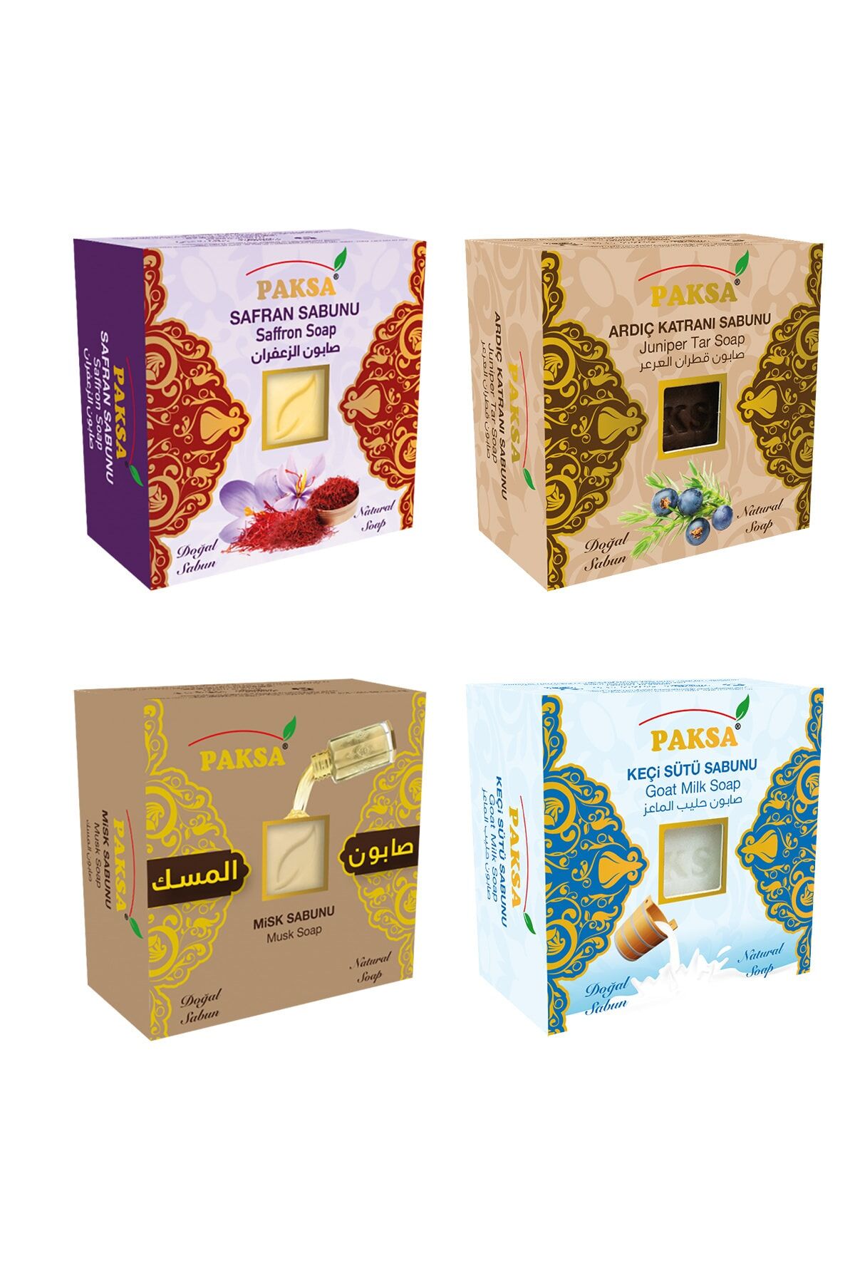 Safran, Ardıç Katranı, Misk ve Keçi Sütü Özlü Karışık Bitkisel Sabun Seti 4 x 125 gr | Aydınlatıcı, Arındırıcı ve Derinlemesine Besleyici Bakım Sabun Seti