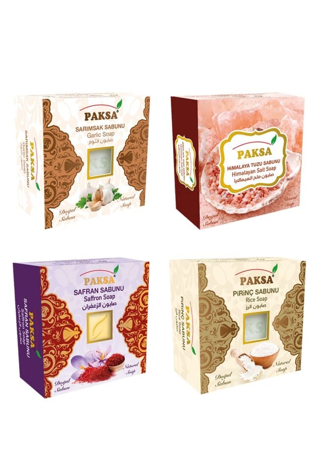 Sarımsak, Himalaya Tuzu, Safran ve Pirinç Özlü Karışık Bitkisel Sabun Seti 4 x 125 gr | Çok Yönlü Arındırıcı ve Aydınlatıcı Bakım Sabun Seti