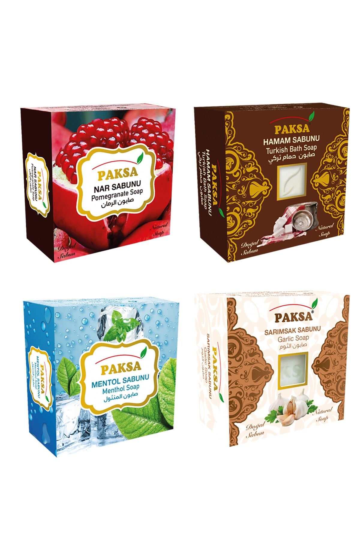 Nar, Hamam, Mentol ve Sarımsak Özlü Karışık Bitkisel Sabun Seti 4 x 125 gr | Çok Yönlü Arındırıcı ve Ferahlatıcı Bakım Sabun Seti
