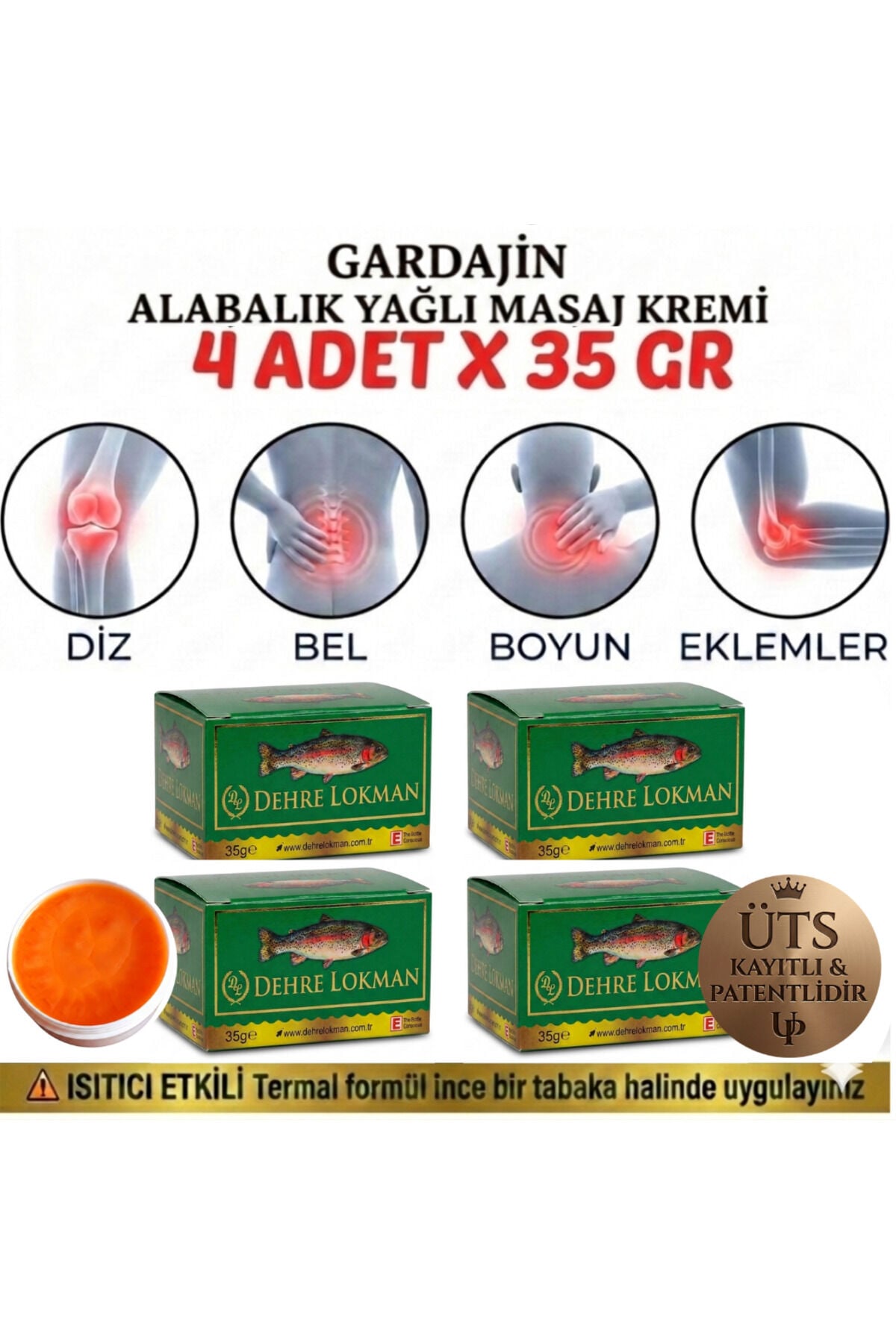 Gardajin Alabalık Yağı Özlü Masaj Kremi 35 gr (4 Adet) | Diz, bel, boyun ve eklemleriniz için özel olarak geliştirilen formülüyle masaj eşliğinde rahatlatıcı, ferahlatıcı ve yatıştırıcı bir bakım sağlar.