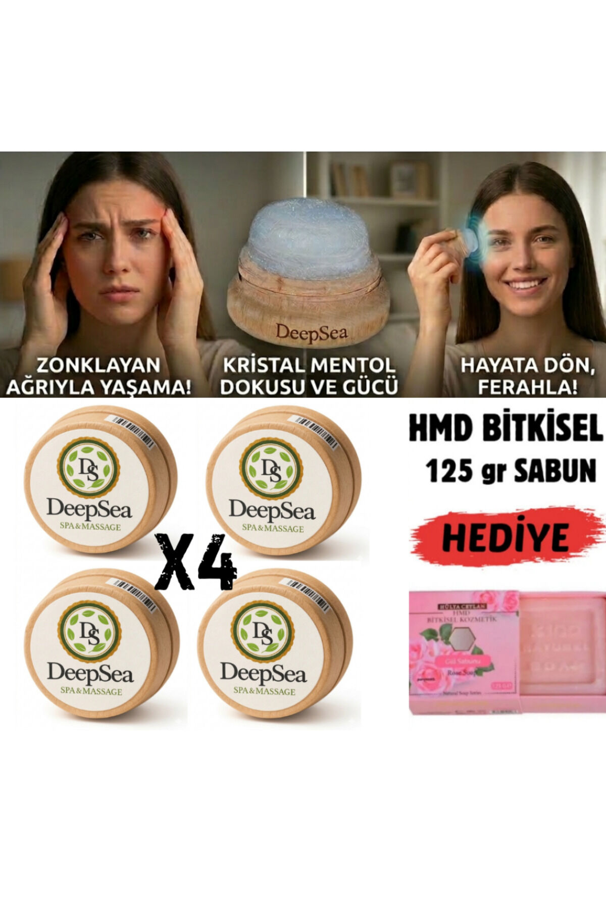 Doğal Kristal Mentol Migren Taşı 4 Ad.-125 gr Hmd Sabun Hediye-Baş, Şakak, Boyun ve Ense İçin Ferahlatıcı ve Rahatlatıcı Bakım Taşı