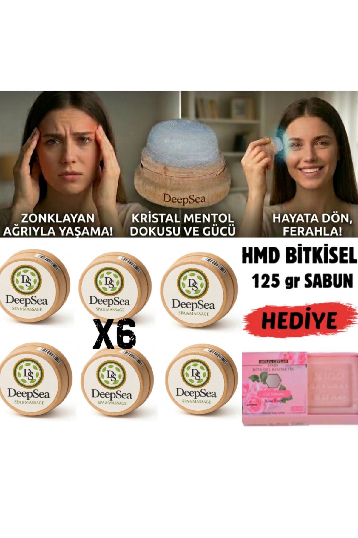 Doğal Kristal Mentol Migren Taşı 6 Ad.-125 gr Hmd Sabun Hediye-Baş, Şakak, Boyun ve Ense İçin Ferahlatıcı ve Rahatlatıcı Bakım Taşı
