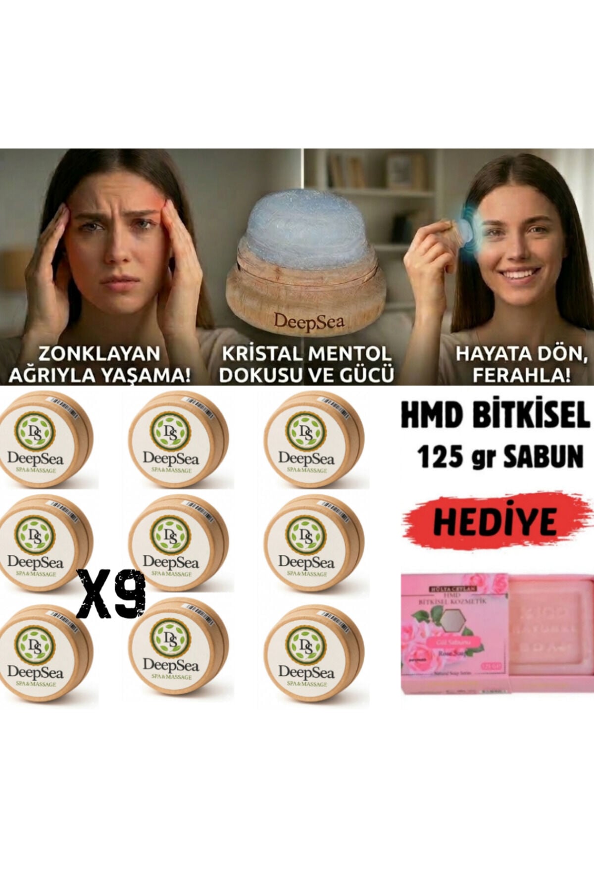 Doğal Kristal Mentol Migren Taşı 9 Ad.-125 gr Hmd Sabun Hediye-Baş, Şakak, Boyun ve Ense İçin Ferahlatıcı ve Rahatlatıcı Bakım Taşı