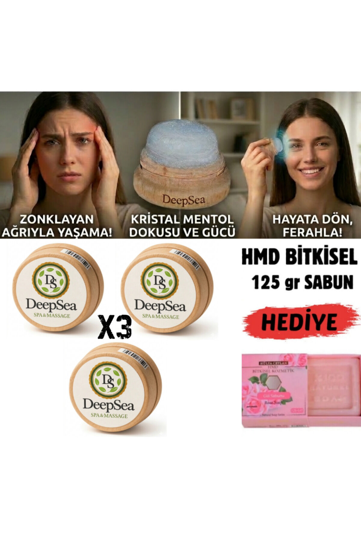 Doğal Kristal Mentol Migren Taşı 3 Ad.-125 gr Hmd Sabun Hediye-Baş, Şakak, Boyun ve Ense İçin Ferahlatıcı ve Rahatlatıcı Bakım Taşı