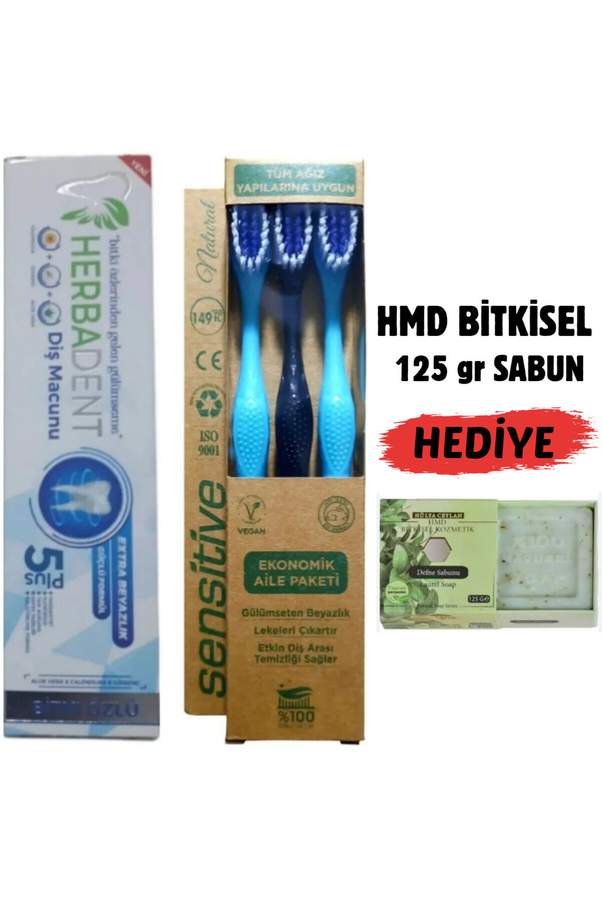 Bitki Özlü Diş Macunu 50 ml + 3'lü Diş Fırçası + 125 gr HMD Doğal Sabun (Hediye) | Diş Eti Sağlığını Destekleyen, Ferahlatıcı ve Komple Ağız Bakım Seti