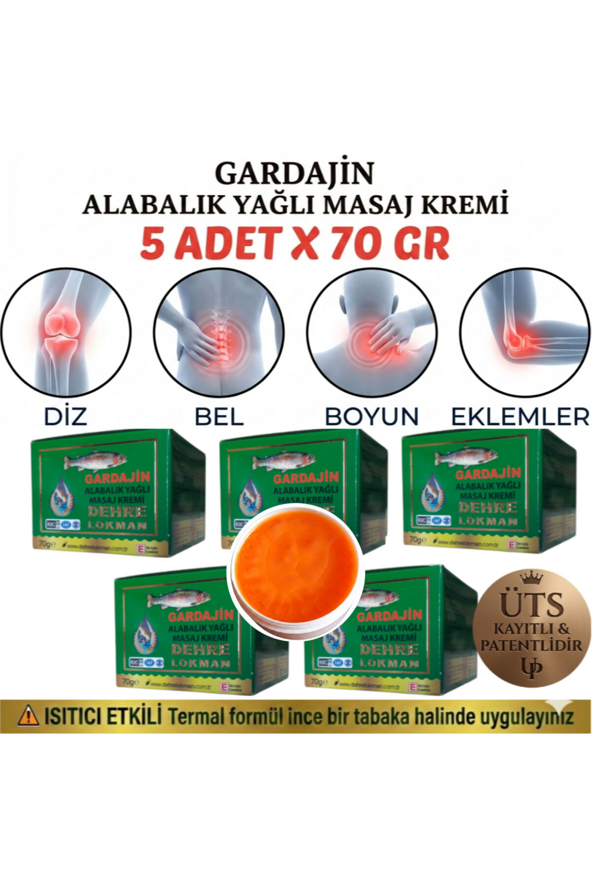 Gardajin Alabalık Yağı Özlü Masaj Kremi 5 x 70 gr | Diz, Bel, Boyun, Eklem ve Kas Bölgesi İçin Rahatlatıcı, Isıtıcı ve Konfor Sağlayıcı Turuncu Masaj Kremi Seti