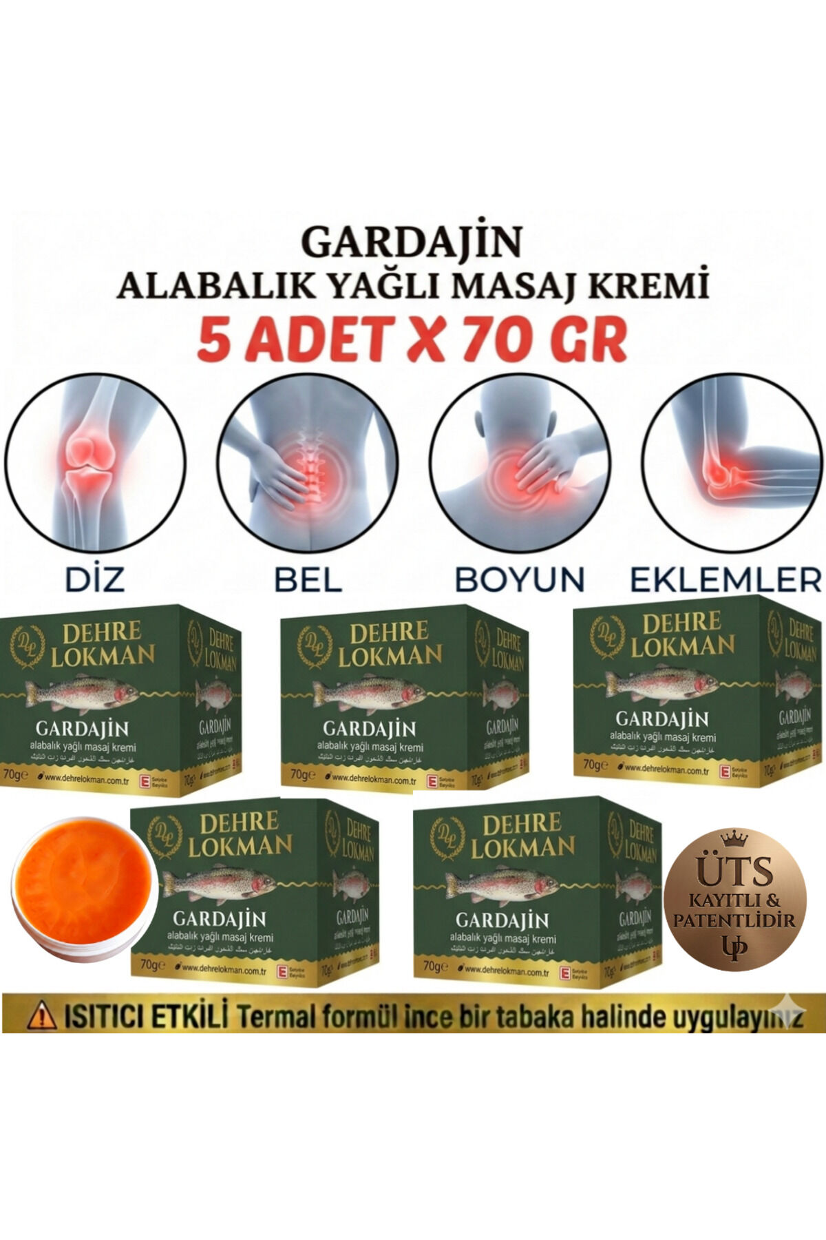 Gardajin Lüks Alabalık Yağlı Masaj Kremi 5 x 70 gr | Diz, Bel, Boyun ve Eklemler İçin Yoğun Rahatlatıcı, Isıtıcı ve Konfor Sağlayıcı Turuncu Masaj Kremi Seti
