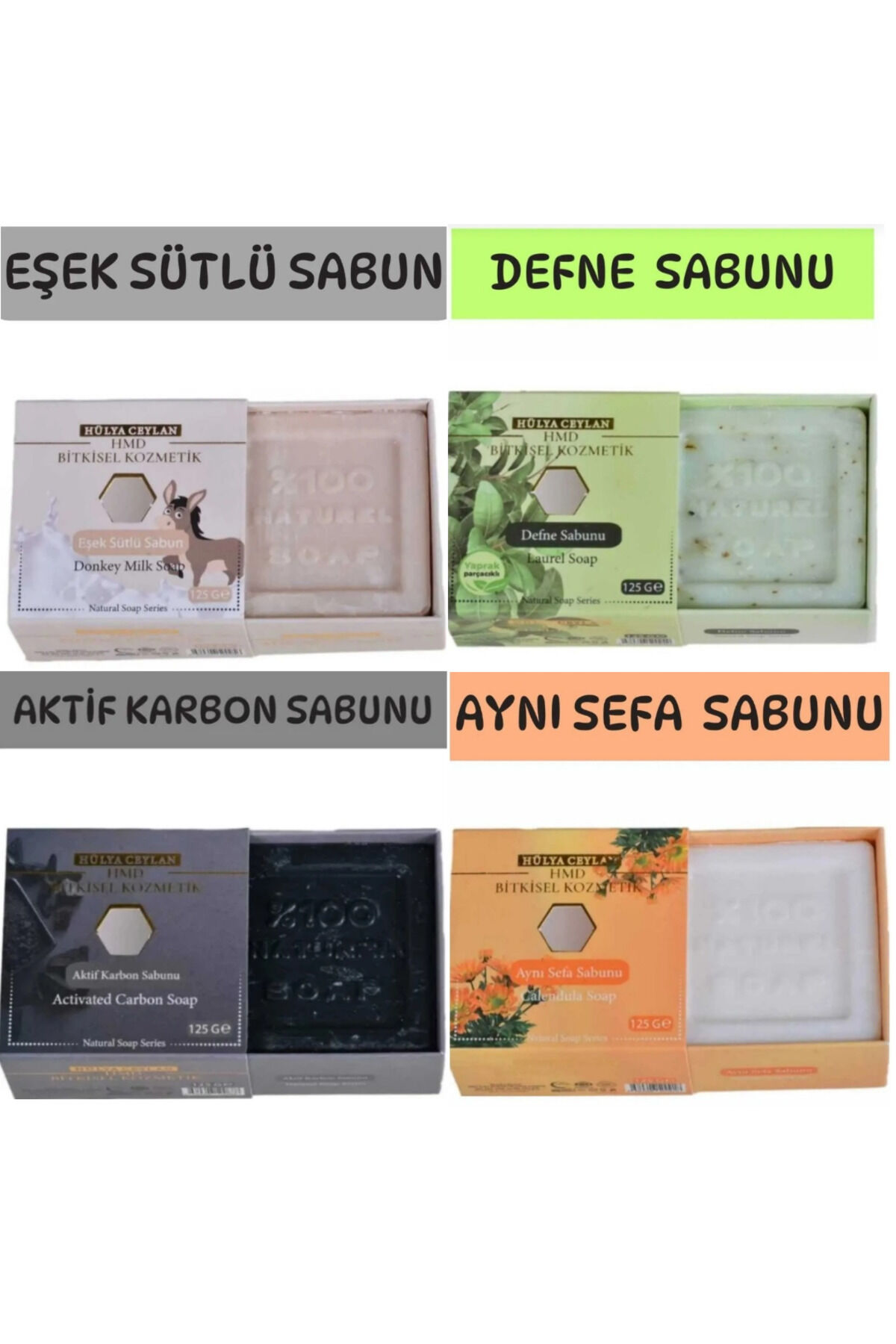Eşek Sütlü, Defne, Aktif Karbon ve Aynısafa Sabun 4 x 125 gr | Derinlemesine Arındırıcı, Besleyici ve Yatıştırıcı Doğal Bitkisel Sabun Seti
