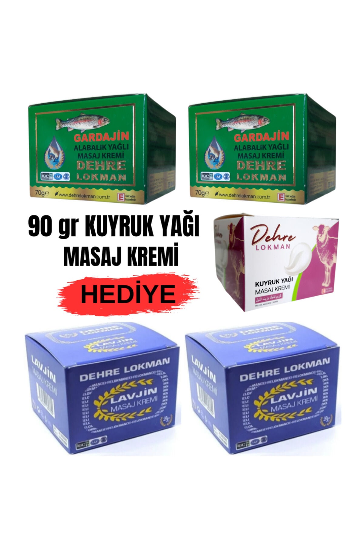 Dehre Lokman Gardajin ve Lavjin Alabalık Yağlı Masaj Kremi 4'lü Karma Set (70 gr x 4) + 90 gr Kuyruk Yağı Masaj Kremi Hediyeli